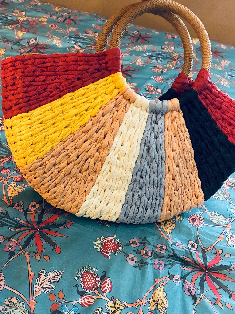 Colorblock Straw Handbag with Round Handles - Multicolor - Picture 6 of 6